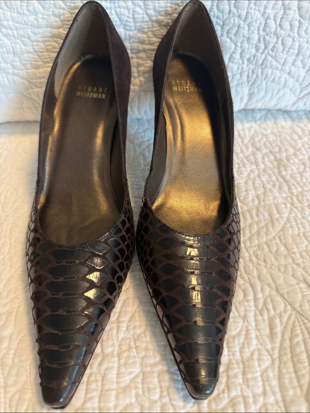 Stuart Weitzman Dark Brown Crocodile-Texture and SuedePointed Toe Pumps